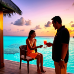 ** A luxurious overwater bungalow in the Maldives at sunset. A couple is enjoying cocktails while a personal staff member attentively caters to their needs. Focus on the pristine turquoise water and vibrant colors of the sunset. Keywords: Maldives, luxury resort, overwater bungalow, sunset, cocktails, impeccable service.

**