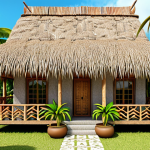 **A traditional Comorian house exterior, showcasing coral stone walls, mangrove wood beams, and a thatched roof made of woven coconut palm leaves. Lush tropical gardens surround the house with aromatic plants, fruit trees, and colorful flowers.**