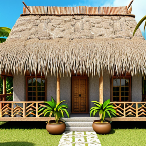 **A traditional Comorian house exterior, showcasing coral stone walls, mangrove wood beams, and a thatched roof made of woven coconut palm leaves. Lush tropical gardens surround the house with aromatic plants, fruit trees, and colorful flowers.**