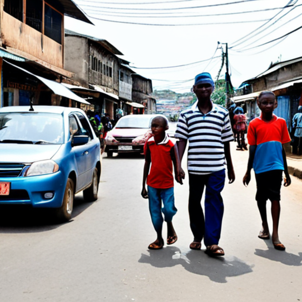 A busy Comorian street scene featuring diverse local citizens, including pedestrians, children near the roadside, and a modest, fully clothed taxi driver behind the wheel of an older but well-maintained vehicle. All individuals are depicted in appropriate, modest, and professional traditional or everyday Comorian attire. The setting is a narrow, bustling street in a Comorian town like Moroni or Mutsamudu, with some visible potholes and basic, weathered road signs. The background shows local architecture and vibrant market activity. The atmosphere subtly conveys the daily challenges of shared road space, emphasizing the need for awareness. Natural pose, perfect anatomy, correct proportions, well-formed hands, proper finger count, natural body proportions, professional photography, high quality, realistic, safe for work, appropriate content, fully clothed, modest, family-friendly.