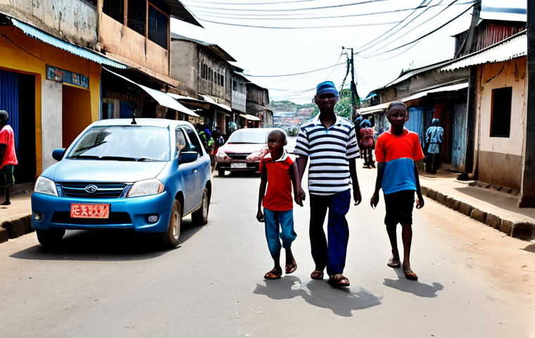 A busy Comorian street scene featuring diverse local citizens, including pedestrians, children near the roadside, and a modest, fully clothed taxi driver behind the wheel of an older but well-maintained vehicle. All individuals are depicted in appropriate, modest, and professional traditional or everyday Comorian attire. The setting is a narrow, bustling street in a Comorian town like Moroni or Mutsamudu, with some visible potholes and basic, weathered road signs. The background shows local architecture and vibrant market activity. The atmosphere subtly conveys the daily challenges of shared road space, emphasizing the need for awareness. Natural pose, perfect anatomy, correct proportions, well-formed hands, proper finger count, natural body proportions, professional photography, high quality, realistic, safe for work, appropriate content, fully clothed, modest, family-friendly.
