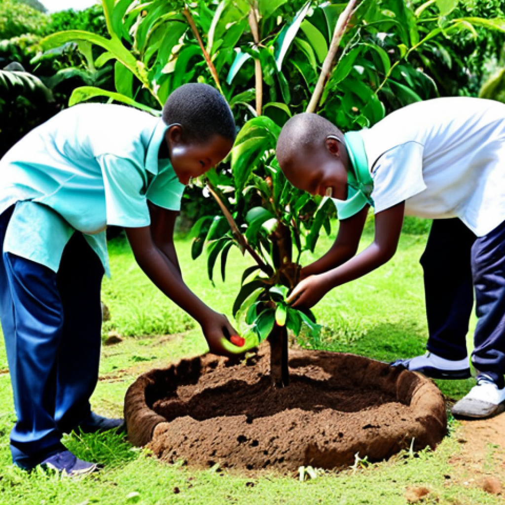 **

"A volunteer planting a mango tree in a Comorian school garden, surrounded by smiling children, fully clothed, appropriate attire, safe for work, professional photography, perfect anatomy, natural proportions, bright sunny day, lush green environment, modest clothing, family-friendly atmosphere."

**