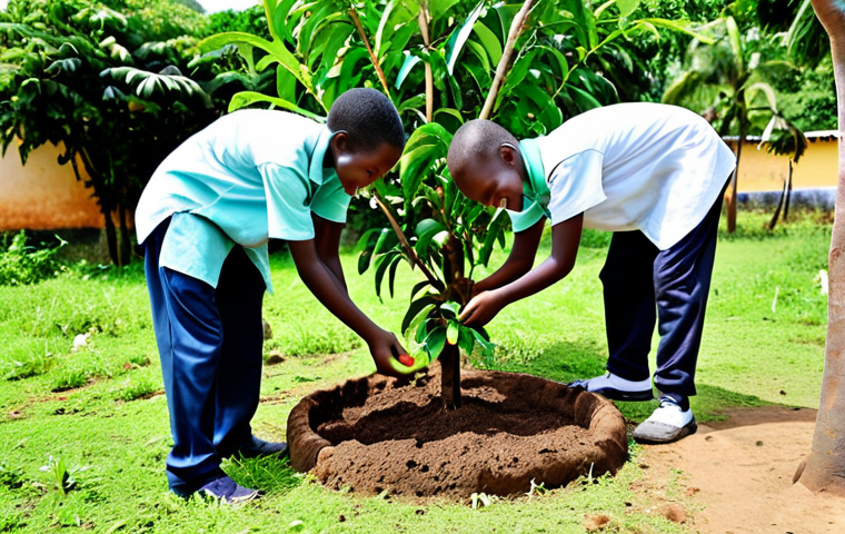 **
"A volunteer planting a mango tree in a Comorian school garden, surrounded by smiling children, fully clothed, appropriate attire, safe for work, professional photography, perfect anatomy, natural proportions, bright sunny day, lush green environment, modest clothing, family-friendly atmosphere."
**
