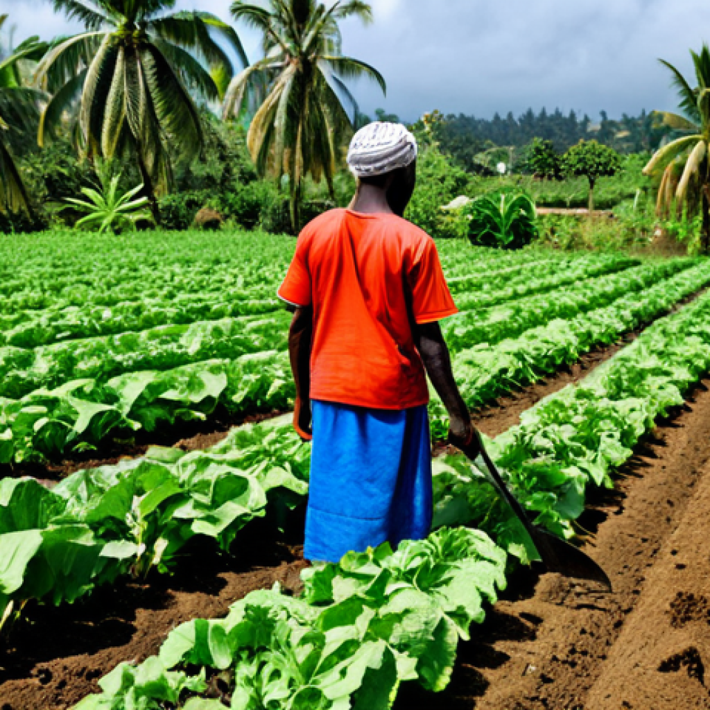 Sustainable Agriculture in Comoros**

"A Comorian farmer, fully clothed in modest work attire, tending to a diverse organic garden with rows of various crops and trees integrated within the farmland (agroforestry), safe for work, appropriate content, perfect anatomy, natural proportions, professional agricultural photography, high quality, family-friendly."

**