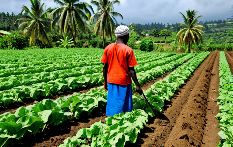 Sustainable Agriculture in Comoros**
"A Comorian farmer, fully clothed in modest work attire, tending to a diverse organic garden with rows of various crops and trees integrated within the farmland (agroforestry), safe for work, appropriate content, perfect anatomy, natural proportions, professional agricultural photography, high quality, family-friendly."
**