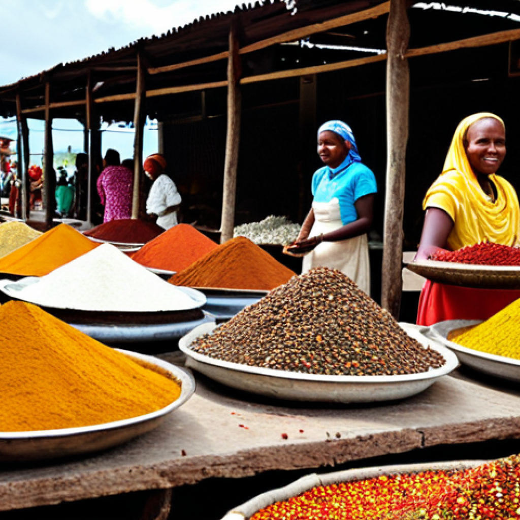 **
"A vibrant spice market scene in Comoros. Piles of colorful spices (vanilla, cloves, cinnamon) are displayed on tables, with local women in modest clothing selling them. In the background, traditional Comorian architecture is visible. Focus on the textures of the spices and the colors of the fabrics. Safe for work, appropriate content, fully clothed, professional, perfect anatomy, natural proportions, high quality."
**