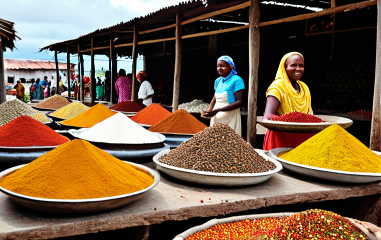 **

"A vibrant spice market scene in Comoros. Piles of colorful spices (vanilla, cloves, cinnamon) are displayed on tables, with local women in modest clothing selling them. In the background, traditional Comorian architecture is visible. Focus on the textures of the spices and the colors of the fabrics. Safe for work, appropriate content, fully clothed, professional, perfect anatomy, natural proportions, high quality."

**