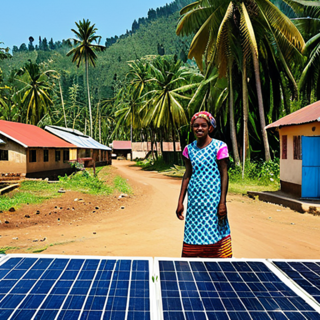 Rural Village Solar Mini-Grid**
"A sunny Comorian village scene. Several modest homes are connected to a central solar power station with panels on a rack. The villagers are fully clothed in colorful, appropriate attire, going about their daily lives. Palm trees and a clear blue sky. Safe for work, appropriate content, family-friendly, perfect anatomy, natural proportions, high-quality photo, professional."
**