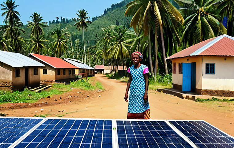Rural Village Solar Mini-Grid**

"A sunny Comorian village scene. Several modest homes are connected to a central solar power station with panels on a rack. The villagers are fully clothed in colorful, appropriate attire, going about their daily lives. Palm trees and a clear blue sky. Safe for work, appropriate content, family-friendly, perfect anatomy, natural proportions, high-quality photo, professional."

**