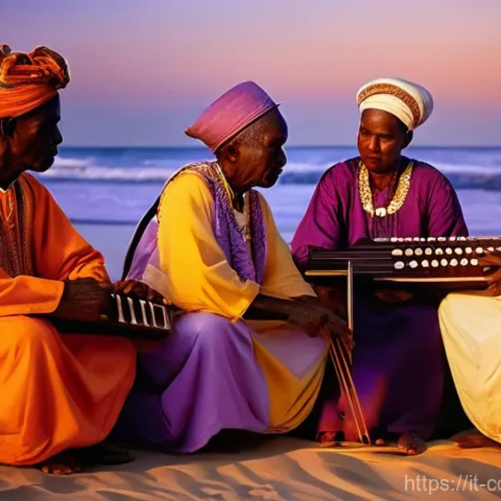 코모로 전통 음악과 춤 - **Prompt:** A serene and authentic scene on a Comorian beach at sunset. A group of Comorian elders, ...