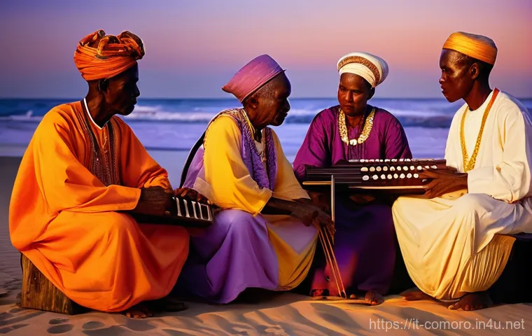 코모로 전통 음악과 춤 - **Prompt:** A serene and authentic scene on a Comorian beach at sunset. A group of Comorian elders, ...
