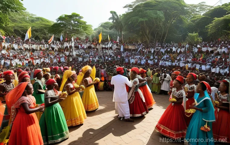 코모로 전통 음악과 춤 - **Prompt:** A dynamic and vibrant celebration featuring the Comorian 'Baoule' dance. Men and women a...