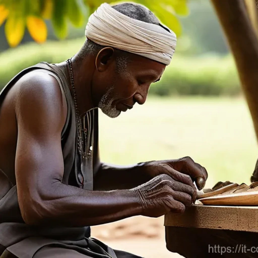 코모로 예술 작품과 공예품 - **A Comorian Wood Carver at Work**
A close-up, highly detailed shot of an elder Comorian artisan...