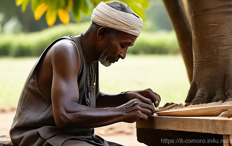 코모로 예술 작품과 공예품 - **A Comorian Wood Carver at Work**
    A close-up, highly detailed shot of an elder Comorian artisan...