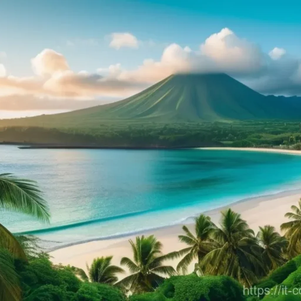 코모로 관광 사업 투자 - **"A serene, panoramic view of a pristine white sand beach in the Comoros, at dawn. The crystal-clea...