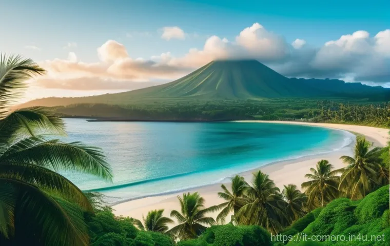 코모로 관광 사업 투자 - **"A serene, panoramic view of a pristine white sand beach in the Comoros, at dawn. The crystal-clea...