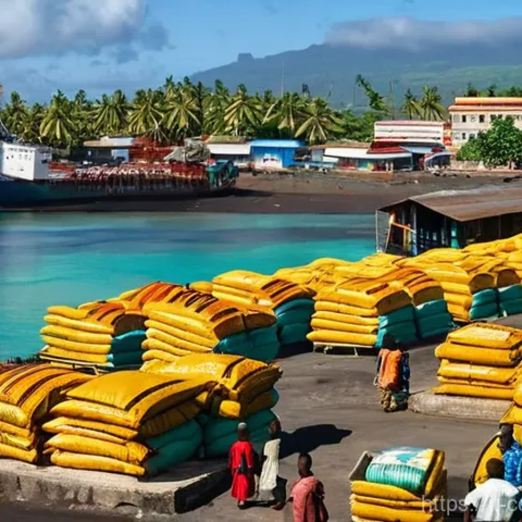 코모로 주요 수입품과 교역국 - **Comorian Port Life: Essential Imports Arriving**
A bustling scene at a port in the Comoros. La...