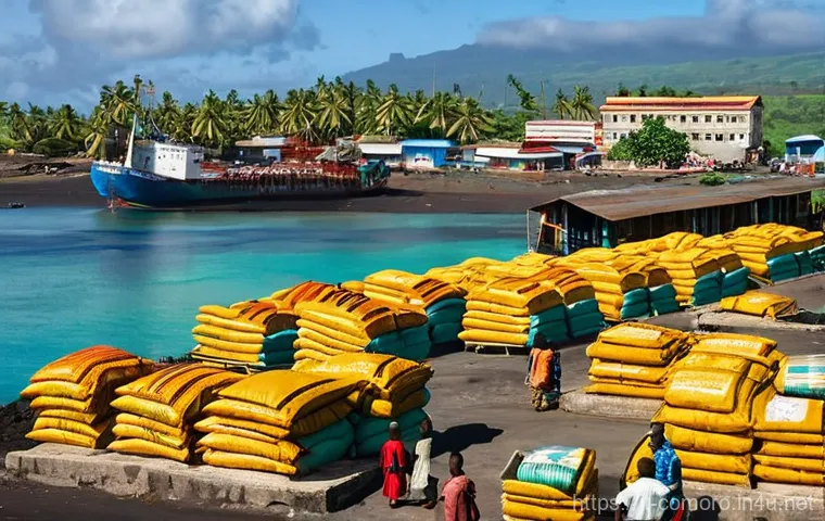 코모로 주요 수입품과 교역국 - **Comorian Port Life: Essential Imports Arriving**
    A bustling scene at a port in the Comoros. La...