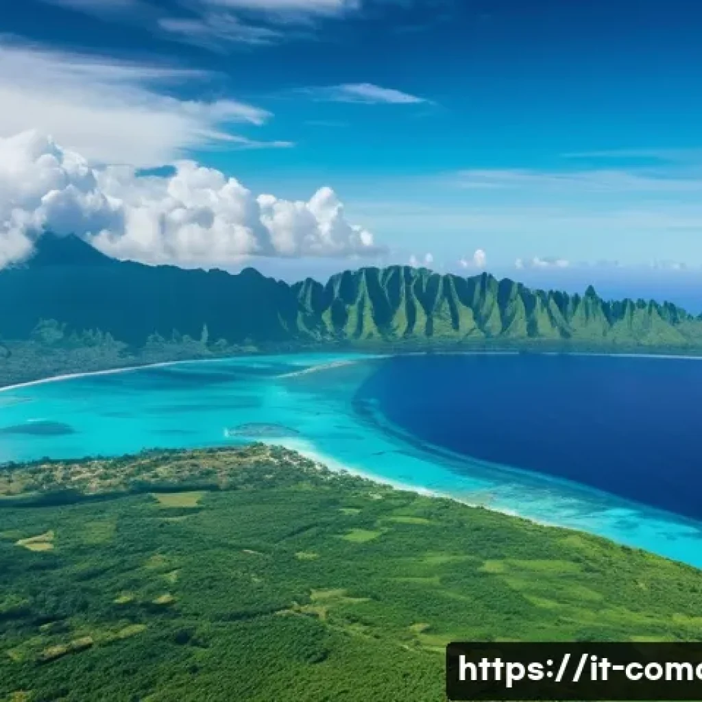 코모로 항공사 서비스 비교 - **Prompt:** A serene aerial view capturing the final descent into the Comoros. The airplane's wing i...