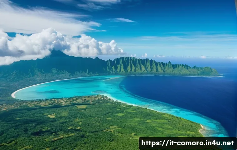 코모로 항공사 서비스 비교 - **Prompt:** A serene aerial view capturing the final descent into the Comoros. The airplane's wing i...