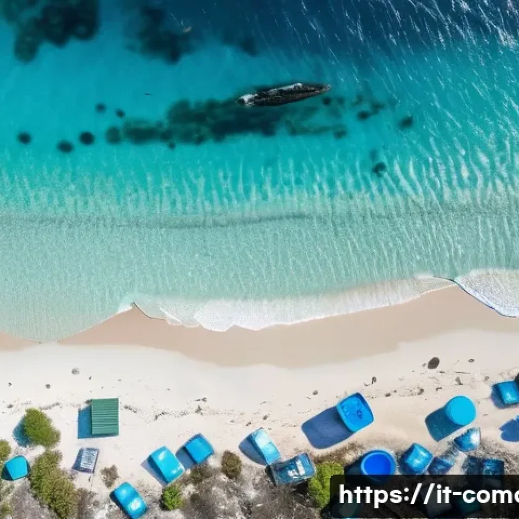 코모로 해양 쓰레기 문제 - **Prompt:** A breathtaking aerial view of a pristine beach in the Comoros, showcasing vibrant turquo...