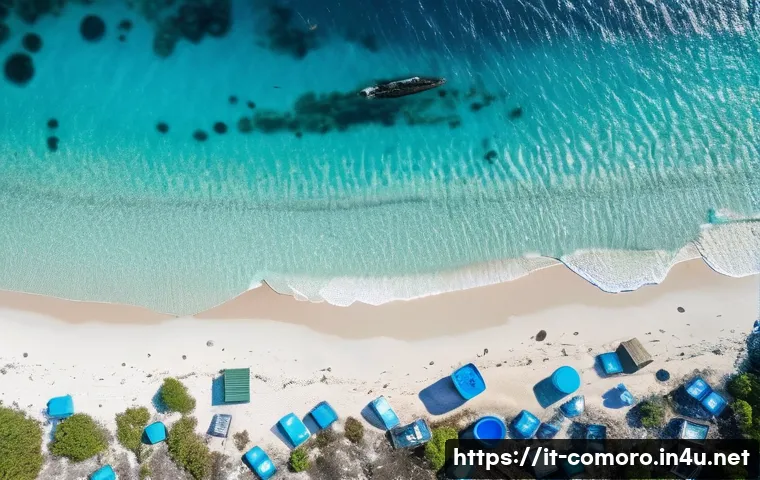 코모로 해양 쓰레기 문제 - **Prompt:** A breathtaking aerial view of a pristine beach in the Comoros, showcasing vibrant turquo...