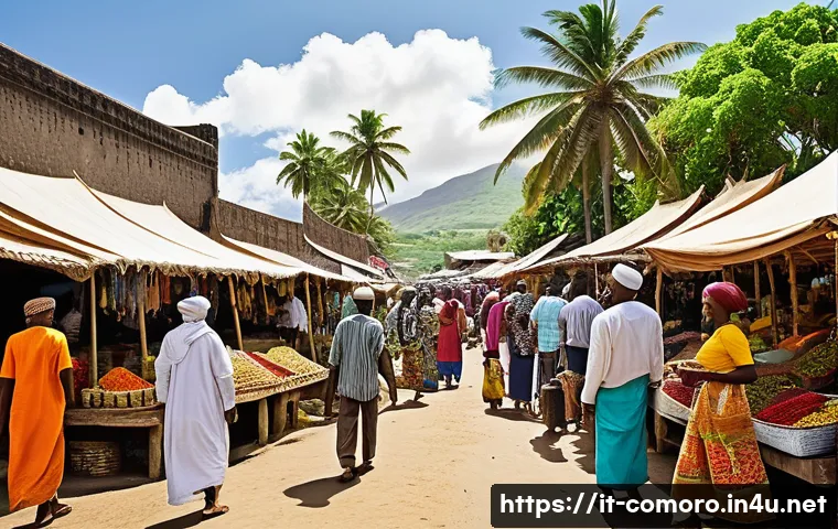 코모로 종교 갈등 사례 - **A Vibrant Cultural Mosaic of Comoros**
A bustling outdoor market scene in the Comoros islands,...