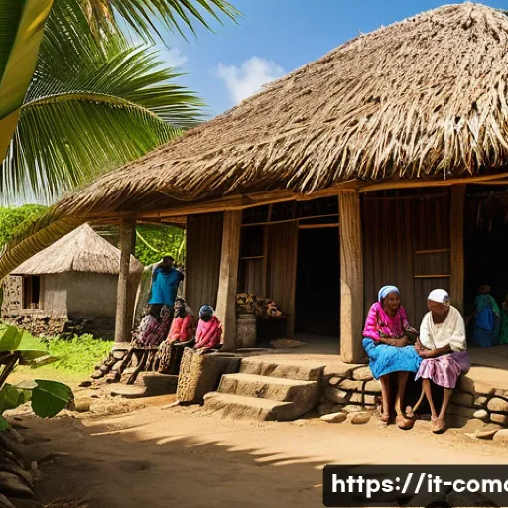 코모로 주민 생활 방식 - A vibrant family scene in the Comoros islands featuring multiple generations living under one tradit...