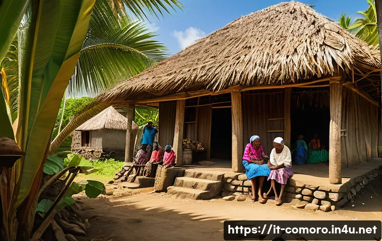 코모로 주민 생활 방식 - A vibrant family scene in the Comoros islands featuring multiple generations living under one tradit...