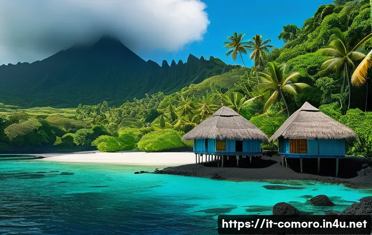 코모로와 몰디브 비교 - A breathtaking volcanic island landscape of the Comoros archipelago at sunrise, featuring towering v...