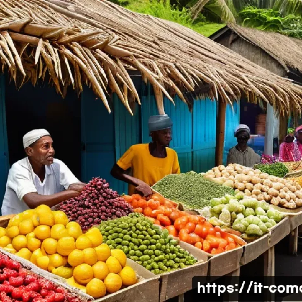 코모로 물가와 현지 생활비 - A vibrant local market scene in the Comoros islands, showing a variety of fresh fruits, vegetables, ...