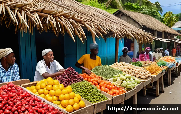 코모로 물가와 현지 생활비 - A vibrant local market scene in the Comoros islands, showing a variety of fresh fruits, vegetables, ...