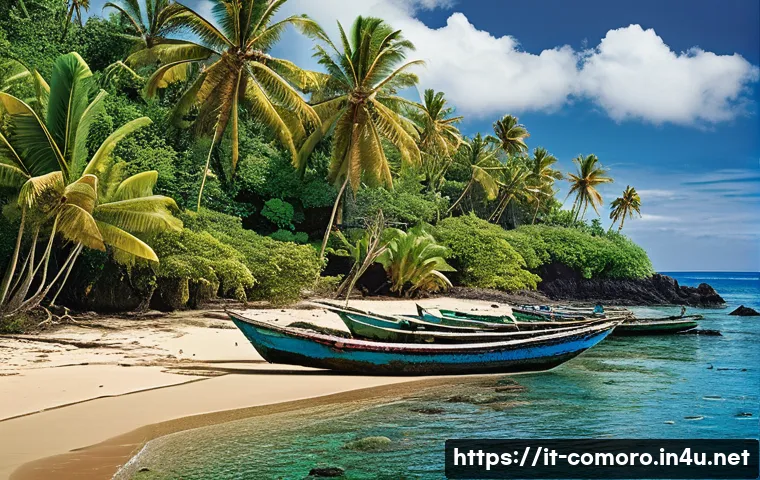 코모로 기후 변화 영향 - A vibrant coastal village in the Comoros Islands facing climate change impacts, showing local fisher...