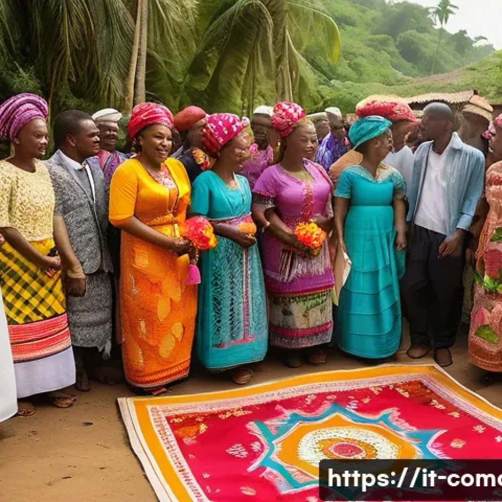 코모로 전통과 현대의 조화 - A vibrant traditional Comorian wedding ceremony scene set outdoors in a lush tropical village, featu...