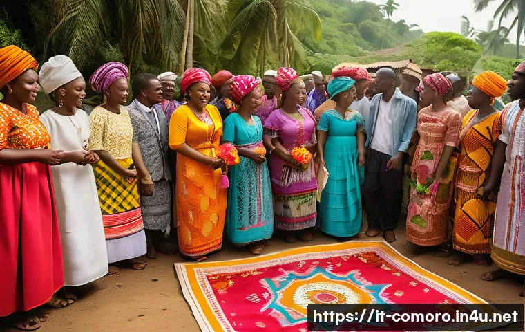 코모로 전통과 현대의 조화 - A vibrant traditional Comorian wedding ceremony scene set outdoors in a lush tropical village, featu...