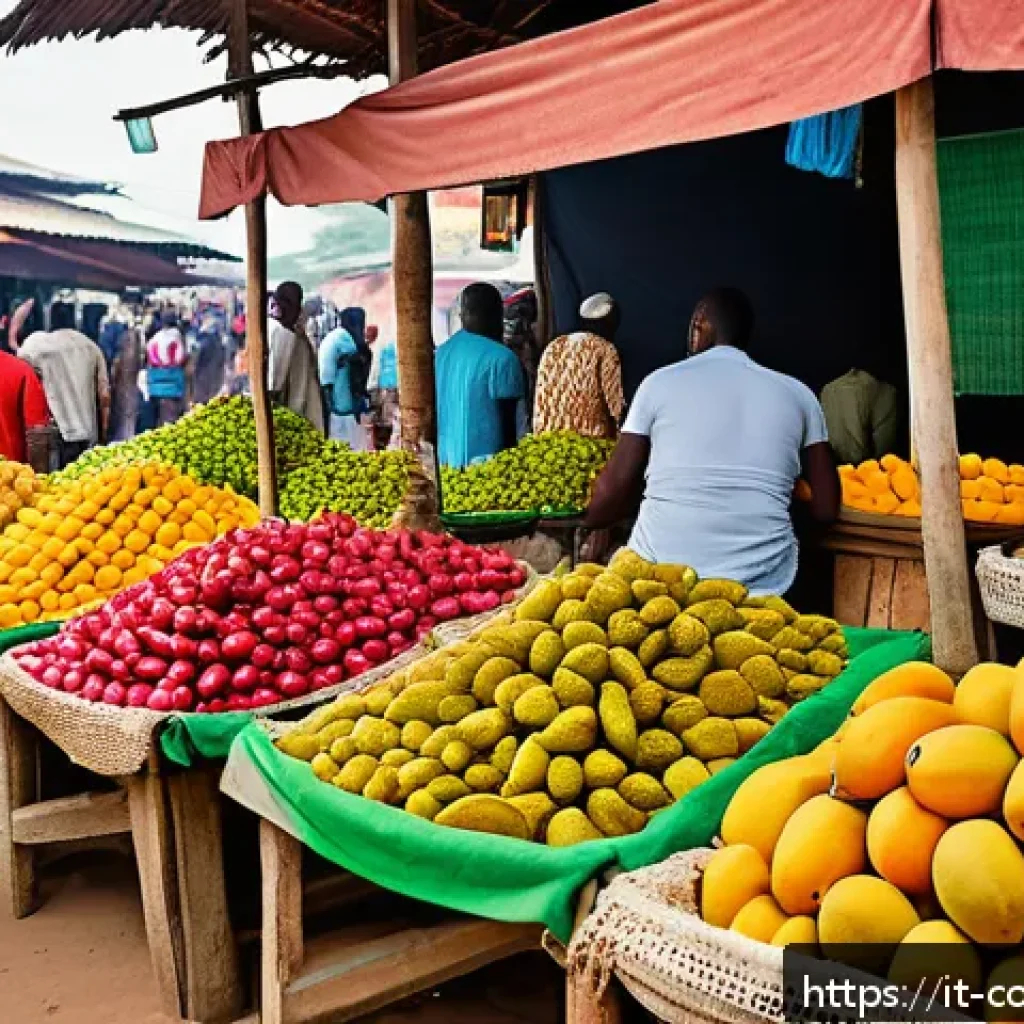 코모로 현지 시장 투어 - A bustling Comorian market scene under bright daylight, showcasing colorful stalls overflowing with ...