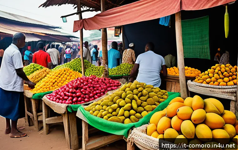 코모로 현지 시장 투어 - A bustling Comorian market scene under bright daylight, showcasing colorful stalls overflowing with ...