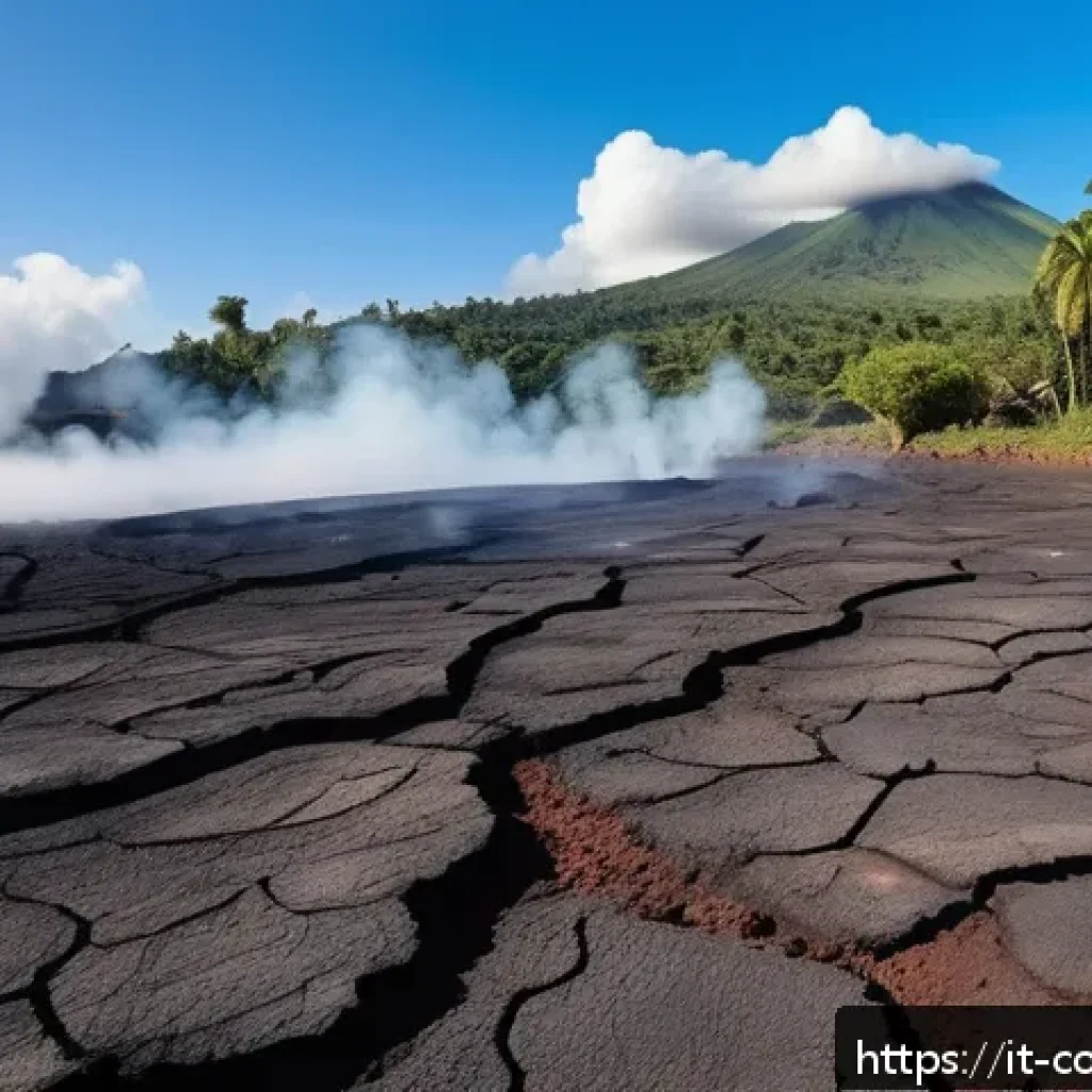 코모로 화산 활동과 재해 예방 - A detailed landscape scene of Grande Comore island showing early volcanic activity signs: cracked an...