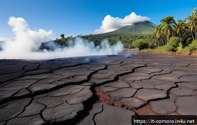 코모로 화산 활동과 재해 예방 - A detailed landscape scene of Grande Comore island showing early volcanic activity signs: cracked an...