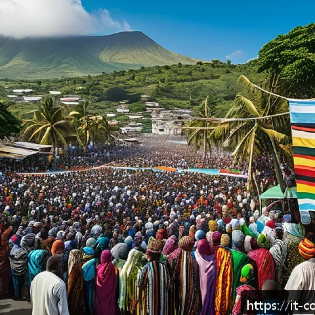 코모로 쿠데타 사건 기록 - A detailed scene depicting a political rally in the Comoros islands, showcasing diverse groups of lo...