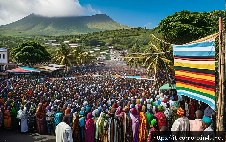 코모로 쿠데타 사건 기록 - A detailed scene depicting a political rally in the Comoros islands, showcasing diverse groups of lo...