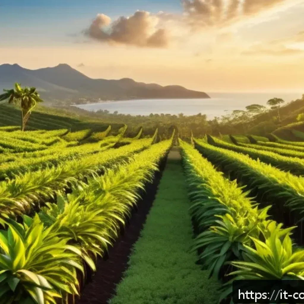코모로 대표 음식 목록 - A vibrant Comorian vanilla plantation scene at sunrise, showcasing lush green vanilla vines climbing...