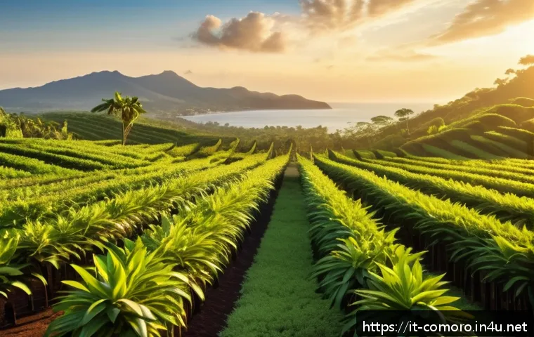 코모로 대표 음식 목록 - A vibrant Comorian vanilla plantation scene at sunrise, showcasing lush green vanilla vines climbing...