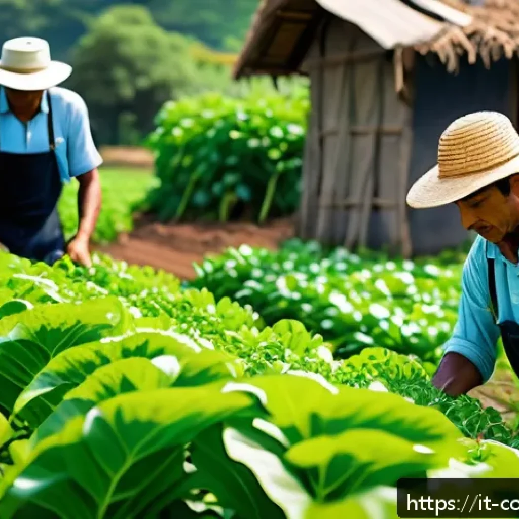 코모로 농업 기술 혁신 - A vibrant agricultural scene on a tropical island, featuring local farmers wearing practical clothin...