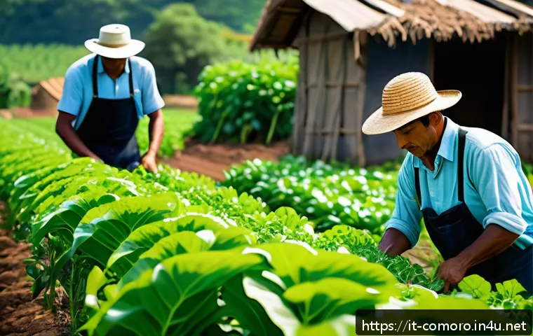 코모로 농업 기술 혁신 - A vibrant agricultural scene on a tropical island, featuring local farmers wearing practical clothin...