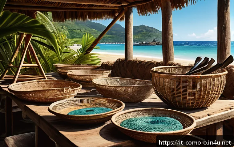 코모로 역사 박물관 방문 - A detailed scene of a traditional island fishing workshop showcasing finely woven fishing nets, hand...