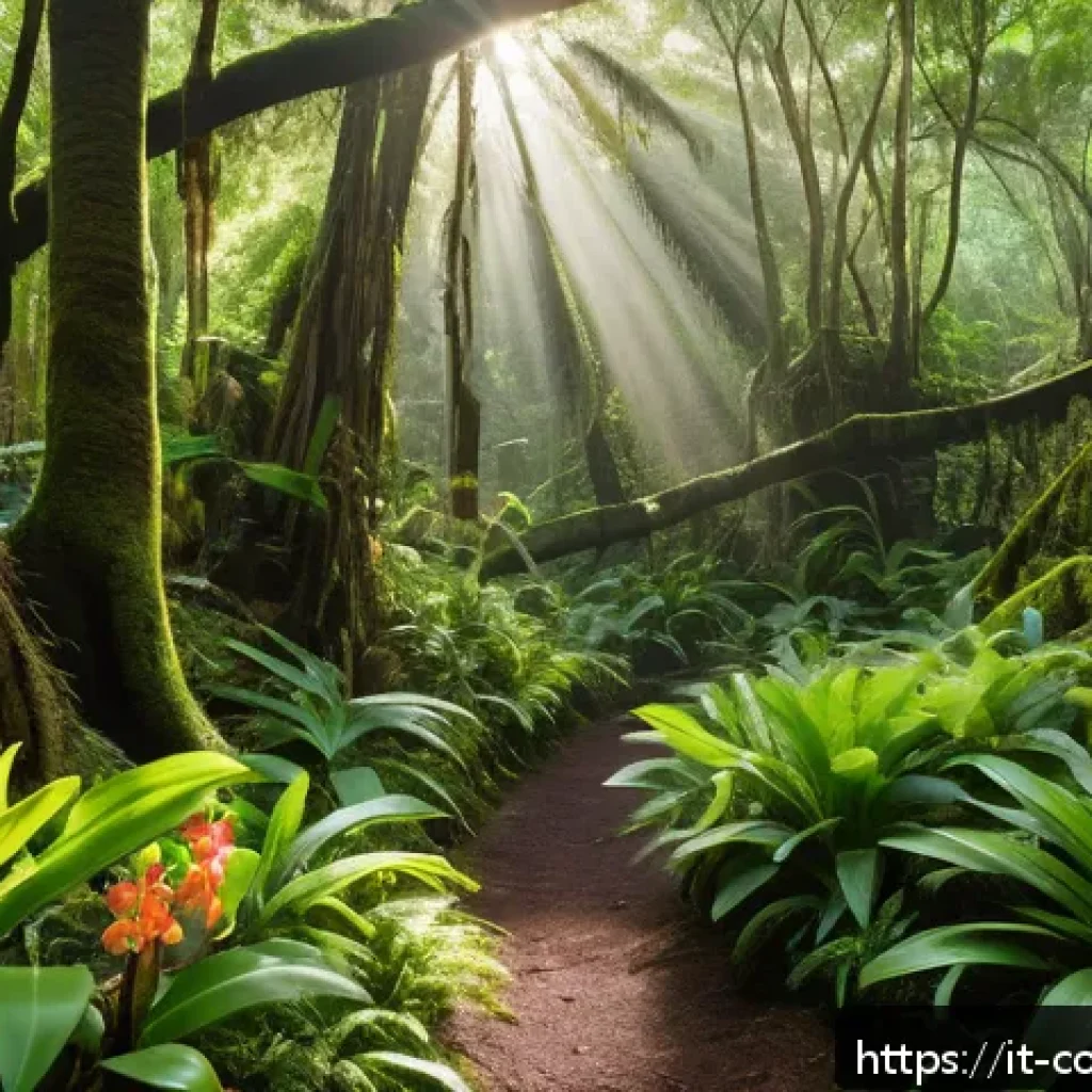 코모로 국립 공원 탐방 - A vibrant, lush tropical forest scene in the Comoros National Park showcasing ancient towering trees...