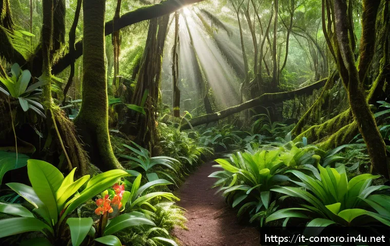 코모로 국립 공원 탐방 - A vibrant, lush tropical forest scene in the Comoros National Park showcasing ancient towering trees...