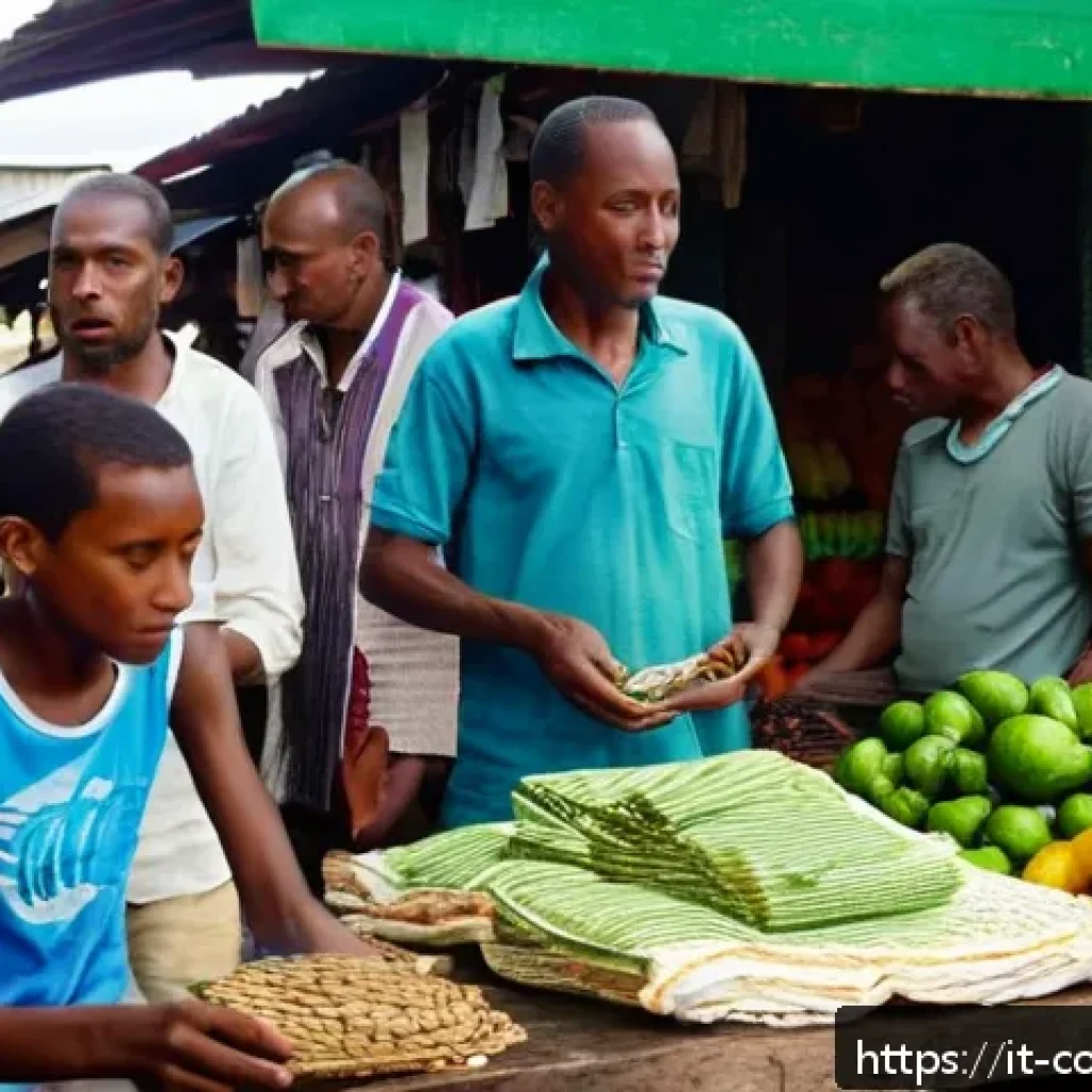 코모로 현지 통화와 환전 방법 - A vibrant street scene in Moroni, Comoros, showing a bustling local market with informal currency ex...