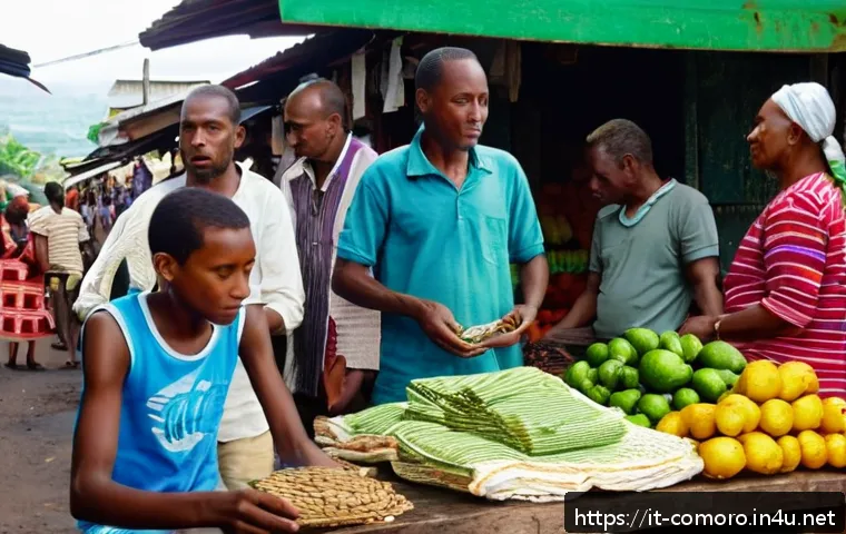 코모로 현지 통화와 환전 방법 - A vibrant street scene in Moroni, Comoros, showing a bustling local market with informal currency ex...